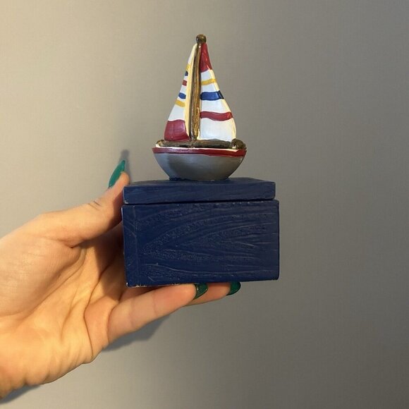 Lighthouse Small Trinket Jewelry Box Sailboat Coastal Beachy Nautical Blue Red - Picture 3 of 10